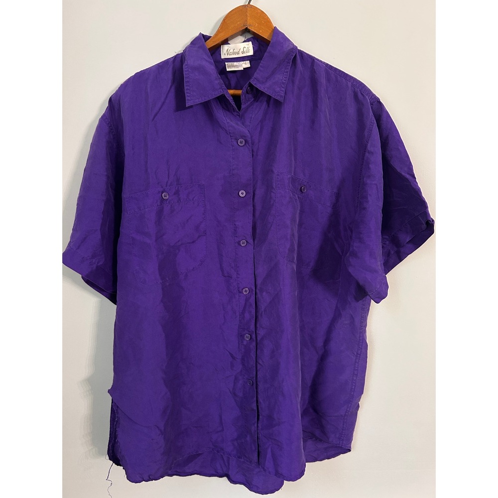 Naked Silk Purple Short Sleeve Button Down Shirt 100% Silk Large